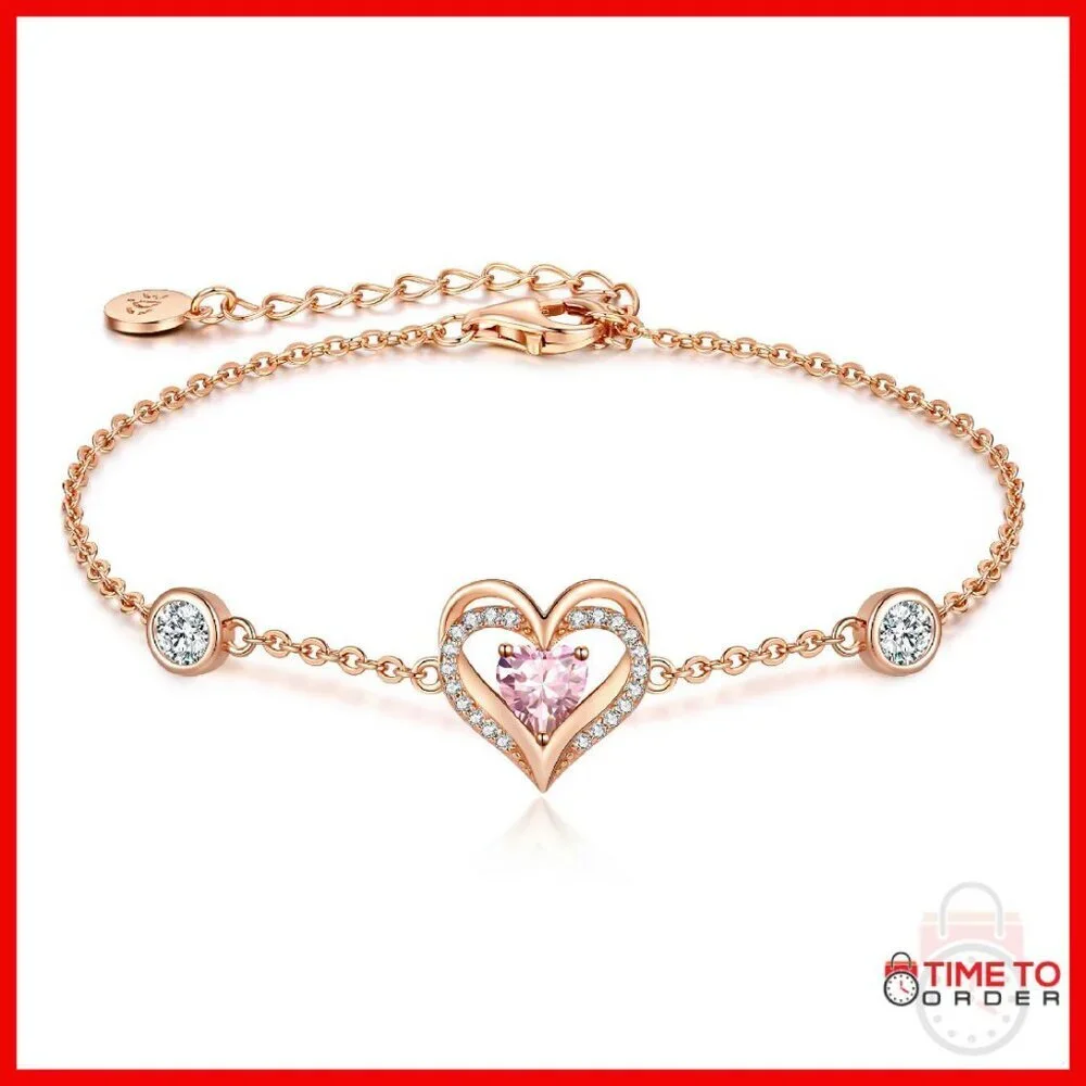 Sterling Silver Heart Charm Bracelet with Birthstone Zirconia, Adjustable Link